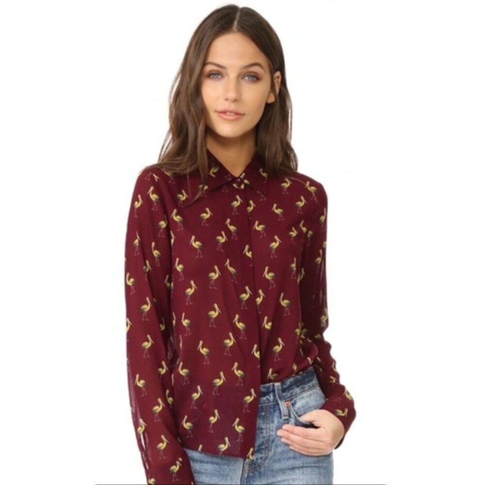 Alice + Olivia Willa Bird-Print Silk Shirt Size XP